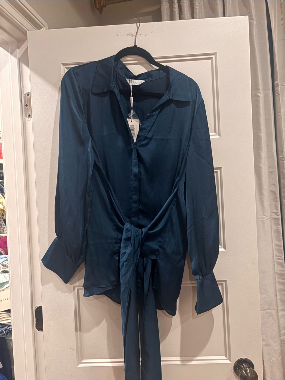 Estelle Navy Satin Tie-Front Shirt Blouse